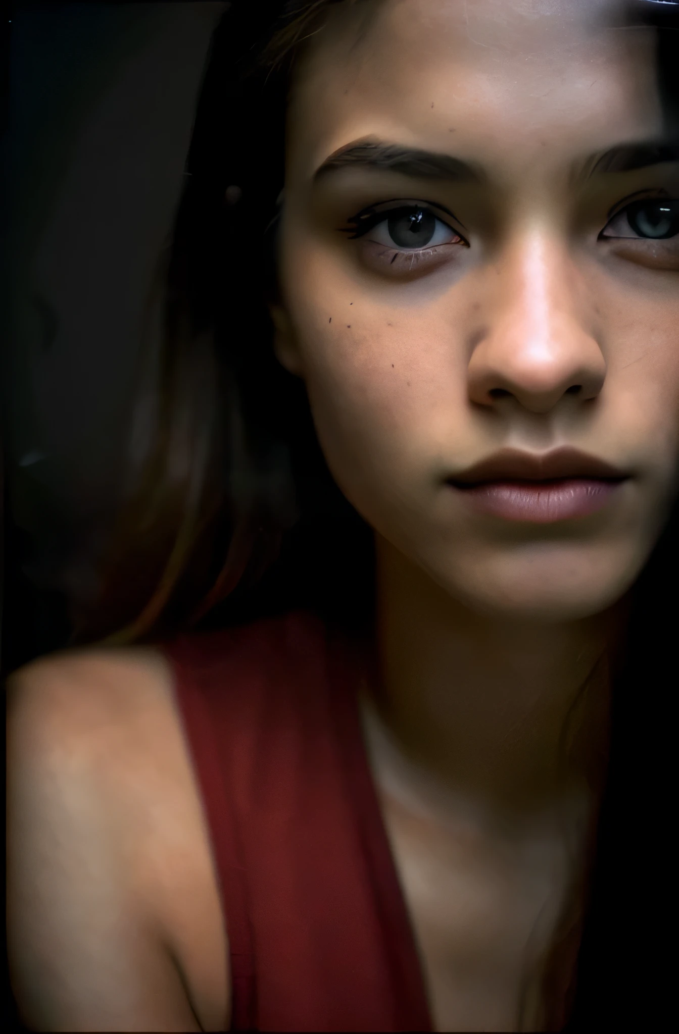 (close-up, editorial photograph of a 21 year old woman), (highly detailed face:1.4) (smile:0.7) (background inside dark, moody, private study:1.3) POV, by lee jeffries, nikon d850, film stock photograph ,4 kodak portra 400 ,camera f1.6 lens ,rich colors ,hyper realistic ,lifelike texture, dramatic lighting , cinestill 800,