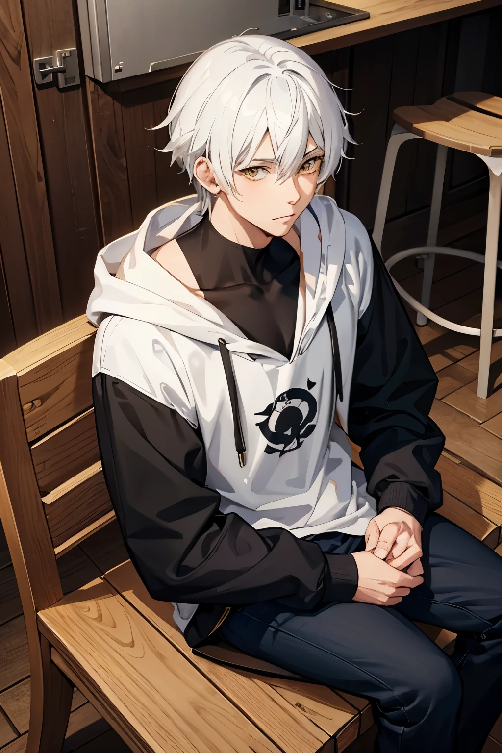 realistic anime, handsome with white hair, yellow eyes, wearing a hoodies, sitting on a wooden chair With a naughty expression, 4k quality, realistic, HD quality