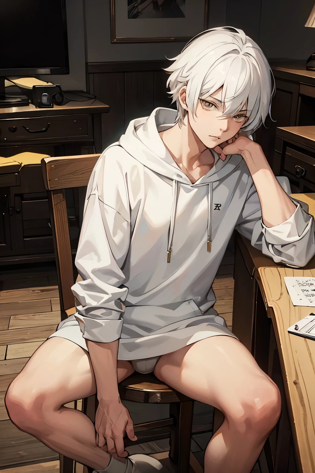 realistic anime, handsome  with white hair, yellow eyes, wearing a hoodies, sitting on a wooden chair With a naughty expression, 4k quality, realistic, HD quality 