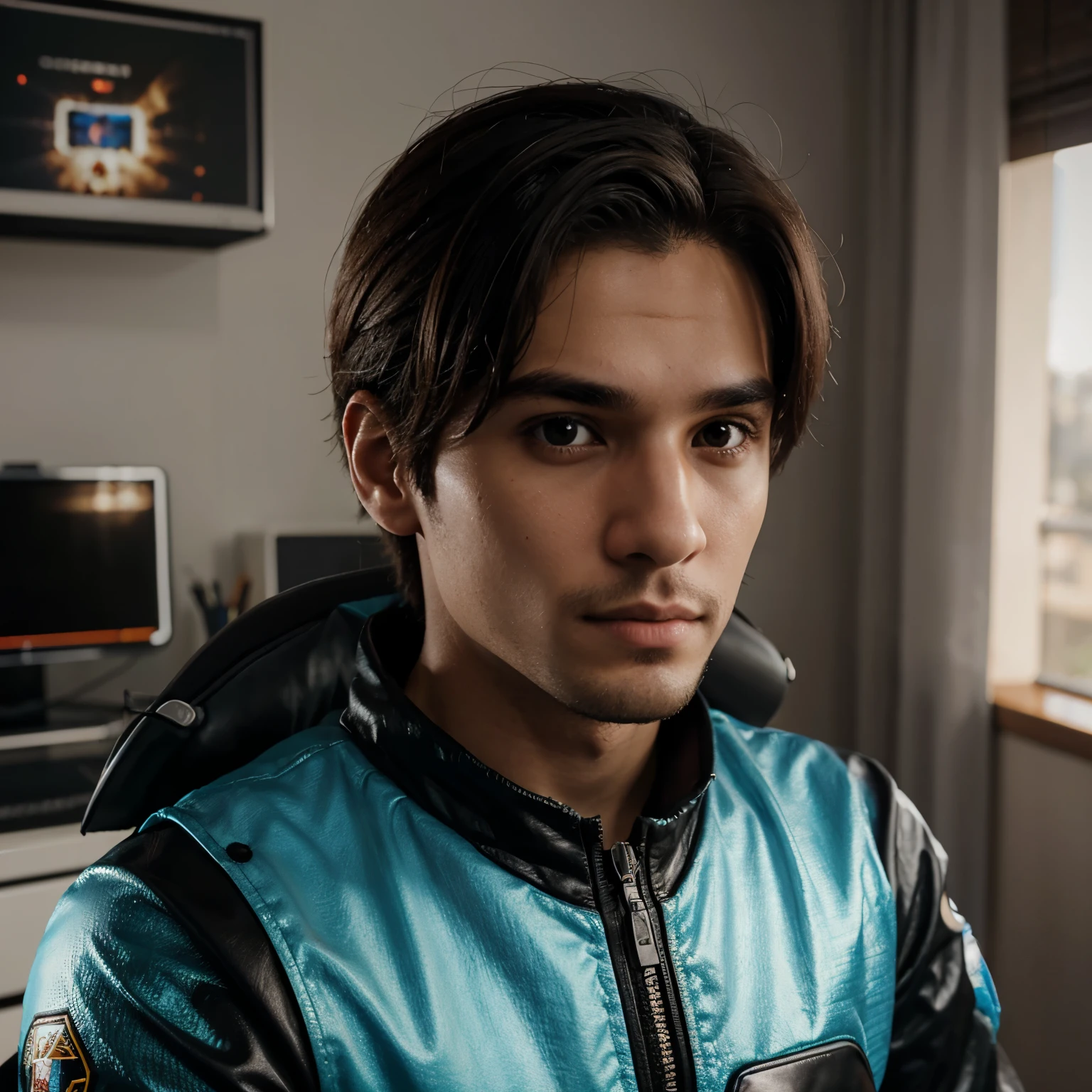Boneco gamer, jovem de 26 anos, cabelo escuro, sem barba, bonito, realista, 8k, 3d, segurando um controle de videogame