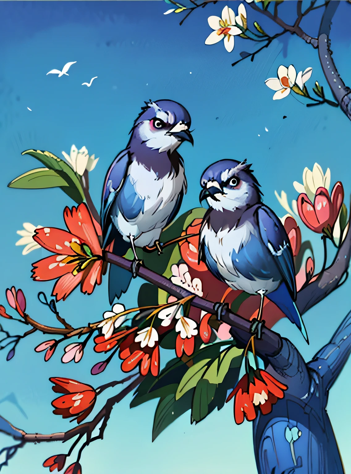 adorable blue jay in a tree covered in flowers, Greg Rutkowski, uau, Android Jones, Moinhos Russ, James Jean, Sui Ishida, Edwin Landseer, Eduardo Paolozzi, Polychromatic, ultra_detalhado, ultra_qualidade, sociedade cg, intricately detalhado, profundidade de cor, perfect composition, adorable blue jay in a tree covered in flowers