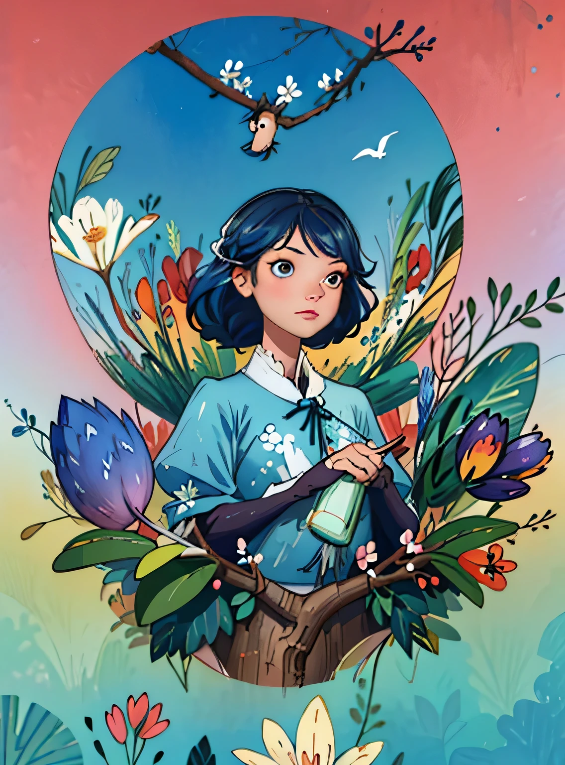 adorable blue jay in a tree covered in flowers, Greg Rutkowski, uau, Android Jones, Moinhos Russ, James Jean, Sui Ishida, Edwin Landseer, Eduardo Paolozzi, Polychromatic, ultra_detalhado, ultra_qualidade, sociedade cg, intricately detalhado, profundidade de cor, perfect composition, adorable blue jay in a tree covered in flowers