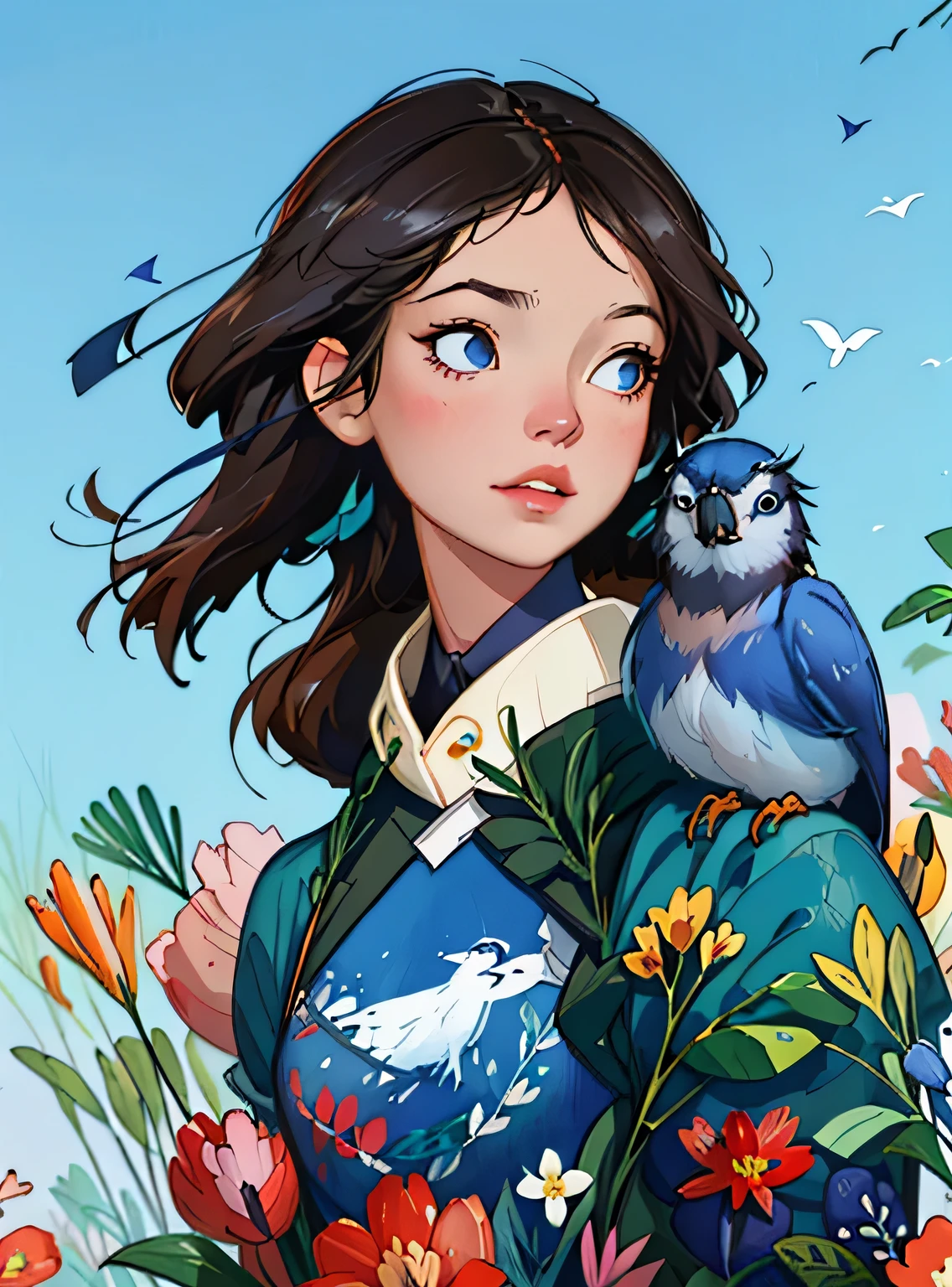 adorable blue jay in a tree covered in flowers, Greg Rutkowski, uau, Android Jones, Moinhos Russ, James Jean, Sui Ishida, Edwin Landseer, Eduardo Paolozzi, Polychromatic, ultra_detalhado, ultra_qualidade, sociedade cg, intricately detalhado, profundidade de cor, perfect composition, adorable blue jay in a tree covered in flowers