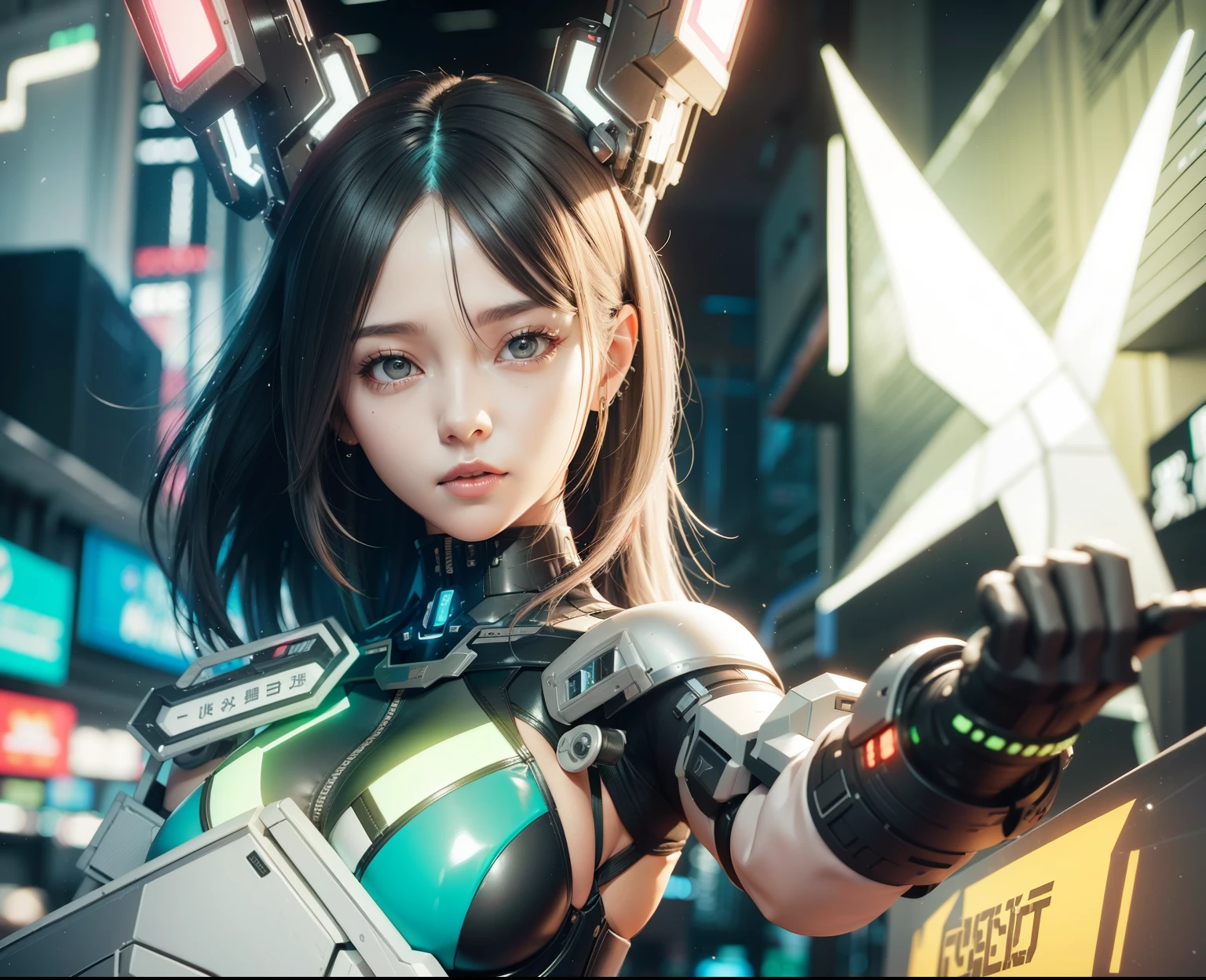 Waist up of a woman in a white and gray outfit, cyberpunk model cute girl in mecha cyber armor, 3d, female cyberpunk anime girl, amazing 8k, realistic character concept art-artwork, smooth digitalt, oppai cyberpunk