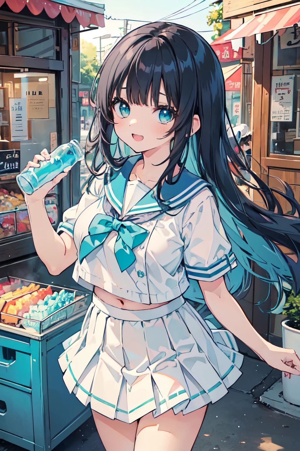 (8Kで, ベストクォリティ, マステピース:1.2)、超高解像度,女の子2人 super detailed face,detailed eyes, cute, black hair, long straight hair, blunt bangs, No expression, open mouth, rhinitis, sensual smile, big breasts, breaking, wearing white serafuku, (white:1.5), (abdomen), sailor suit, (big sailor collar), (aqua sailor collar),aqua ribbon tie , (whitetops: 1.5),(Hem out),aqua cuffs with three white tripes, (white pleated skirt), Plain, (Short skirt: 1.5), Destroyed,(holding a ramune drink from a glass bottle:1.1),((ベンチに座っている)),詳細な手指,(candy store),summer, sunshine