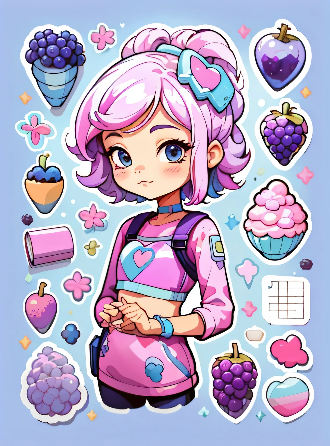 1 adesivo, manual, (uma garota estilosa, modelo, Top rosa, fresco e fresco), fundo roxo e azul, fundo simples, minimum, uva, mirtilo, Bonitinho, pequeno, cor pastel, estilo vetorial, sem gradiente,