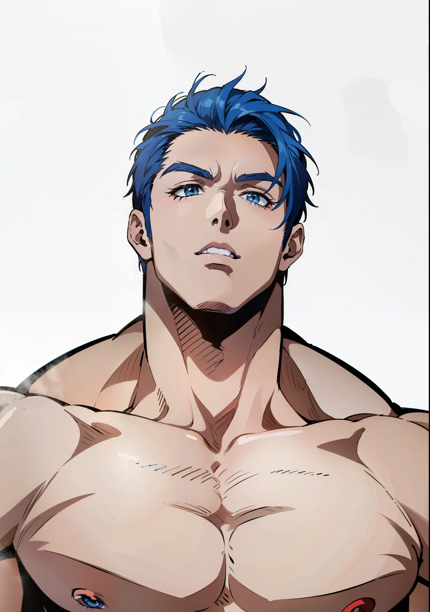 Gere uma imagem de arte no estilo anime de um personagem com os cabelo curto azul claro e (((olhos de azuis))) o personagem deve ser denominador.