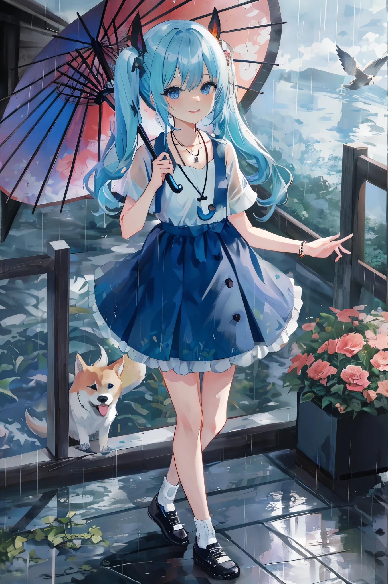 rainの中、Anime girl with blue hair and blue eyes, anime moe art style, anime style 4k, light blue long hair、 with twin tails、愛らしいsmile、Bigger in the center、dogと一緒にrainの中てわ遊んでいます、A flower garden(photograph),Flowers as far as the eye can see、rainが降っています、animal, bird, blurry, blurry background, dog, whole body, holding, holding umbrella, jewelry, look up, necklace, rain, shiba inu, shoes, short sleeve, smile, sneakers, alone, 透明 umbrella, umbrella, clock, wristclock
, ((masterpiece))