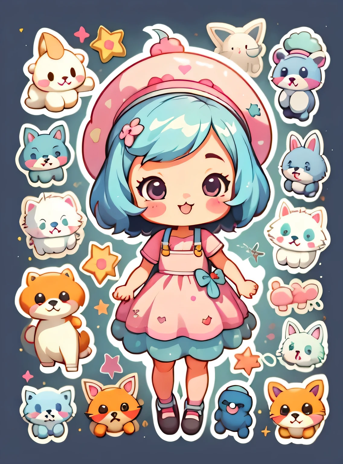 um adesivo，1 ，adorable，kawaii，adorable，fundo simples chibi，Use um vestido bonito，with a hat，Liderando um filhote de cachorro bonito