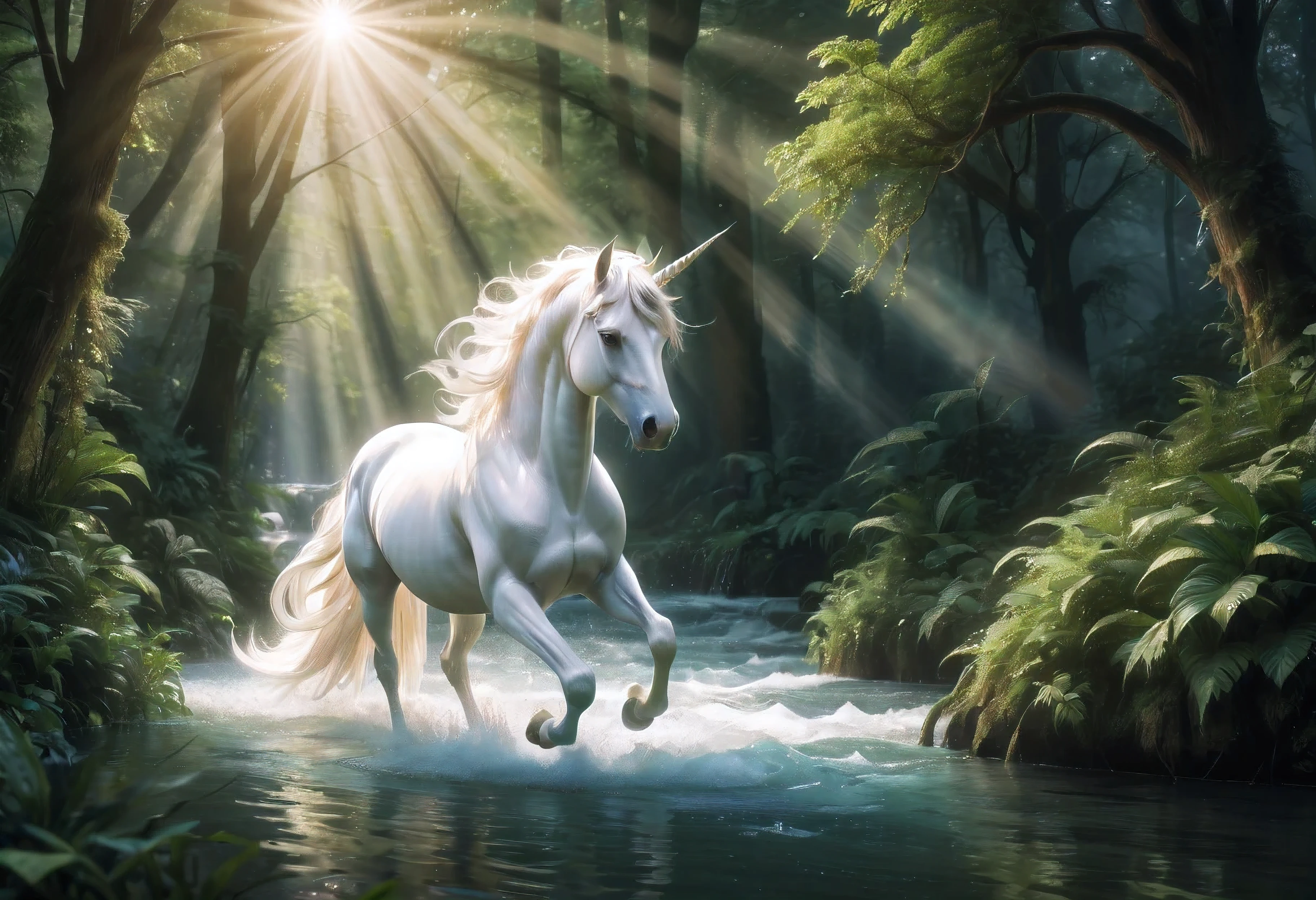 ((wide shot:1.3),(best quality,4k,8k,highres,masterpiece:1.2),ultra-detailed,realistic,photorealistic:1.37,white unicorn,galloping,river,water splashes,lush greenery,magical,ethereal atmosphere,graceful,sparkling,rays of sunlight,reflection on the water,mystical,harmony,nature,serenity,mythical creature,mythology,fantasy,beautiful mane,flowing tail,floating,legendary,tranquil,pure,whimsical,colorful,fairytale-like,enchanted forest,light and shadow,dream-like,glowing,peaceful