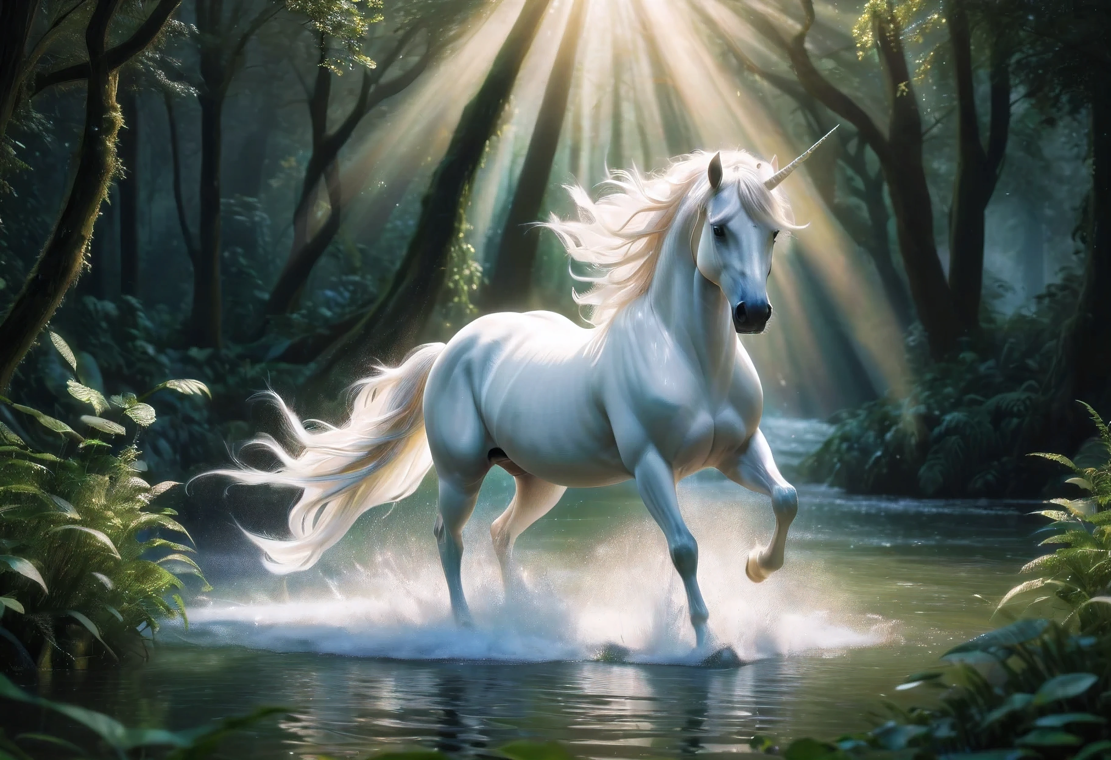 ((wide shot:1.3),(best quality,4k,8k,highres,masterpiece:1.2),ultra-detailed,realistic,photorealistic:1.37,white unicorn,galloping,river,water splashes,lush greenery,magical,ethereal atmosphere,graceful,sparkling,rays of sunlight,reflection on the water,mystical,harmony,nature,serenity,mythical creature,mythology,fantasy,beautiful mane,flowing tail,floating,legendary,tranquil,pure,whimsical,colorful,fairytale-like,enchanted forest,light and shadow,dream-like,glowing,peaceful
