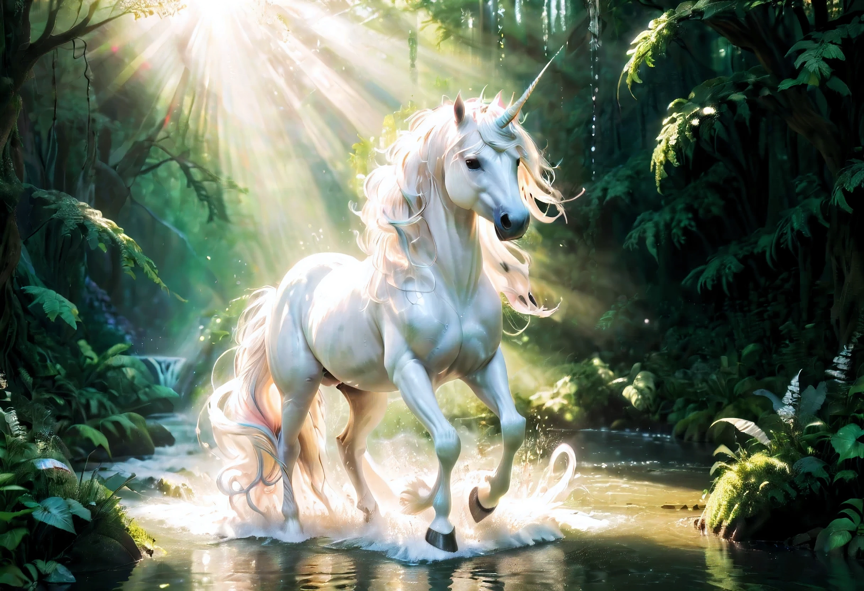 ((wide shot:1.3),(best quality,4k,8k,highres,masterpiece:1.2),ultra-detailed,realistic,photorealistic:1.37,white unicorn,galloping,river,water splashes,lush greenery,magical,ethereal atmosphere,graceful,sparkling,rays of sunlight,reflection on the water,mystical,harmony,nature,serenity,mythical creature,mythology,fantasy,beautiful mane,flowing tail,floating,legendary,tranquil,pure,whimsical,colorful,fairytale-like,enchanted forest,light and shadow,dream-like,glowing,peaceful
