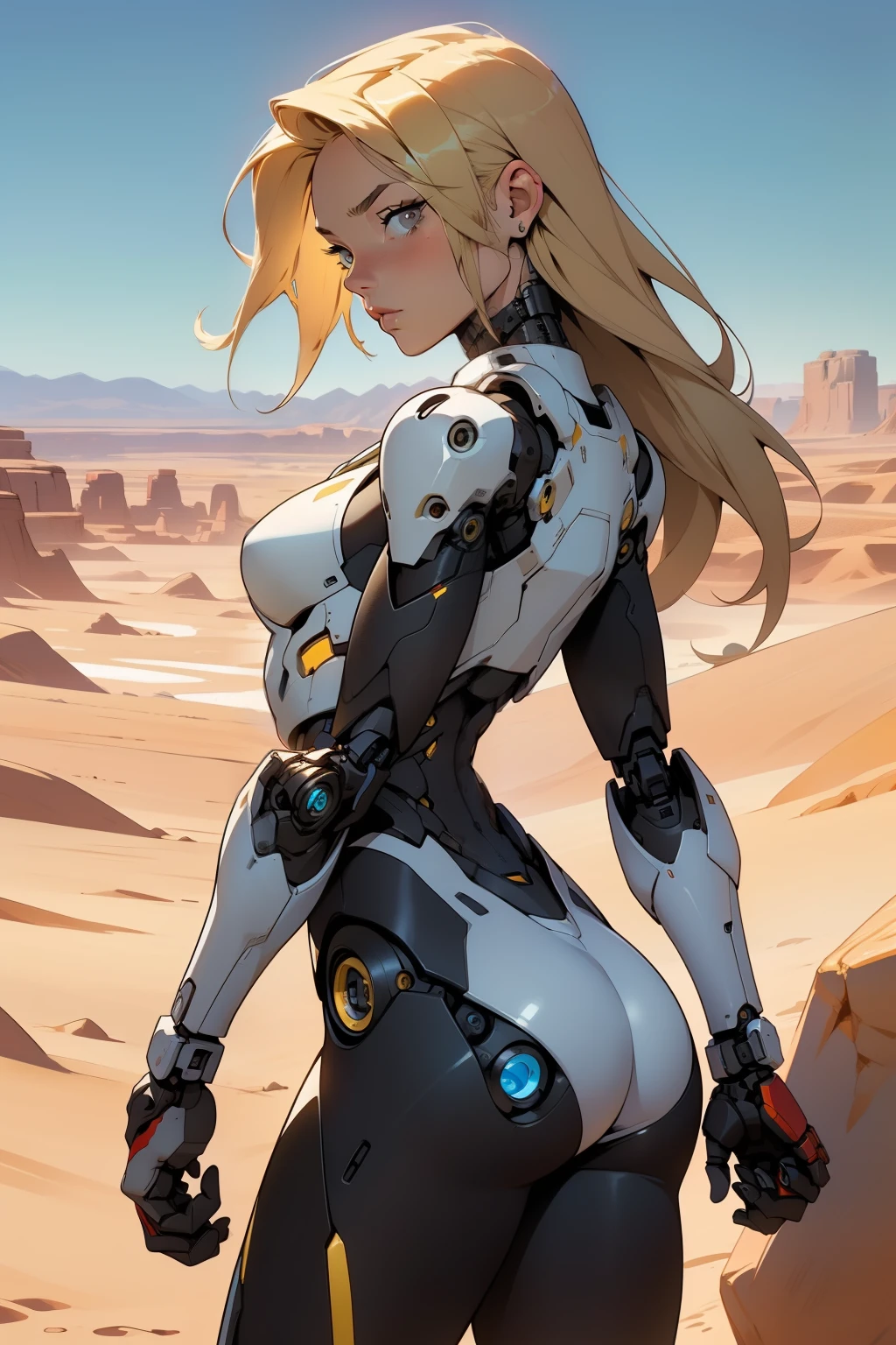 high quality, 4k, masterpiece, beautiful, cyborg girl, cowboy shot, dull eyes, back side, turning around to look at viewer, long blonde hair, girl, small breasts, fit thigh, robotic arms, robotic body, cyborg body, yellow accent, red accent, intricate detail, joint, detailed lines, robotic detail, holding fist up, holding hand up as fist, color robotic parts, robotic parts with color, perfect fingers, on a desert planet, sunny background, colorful desert, a river or a lake in the background