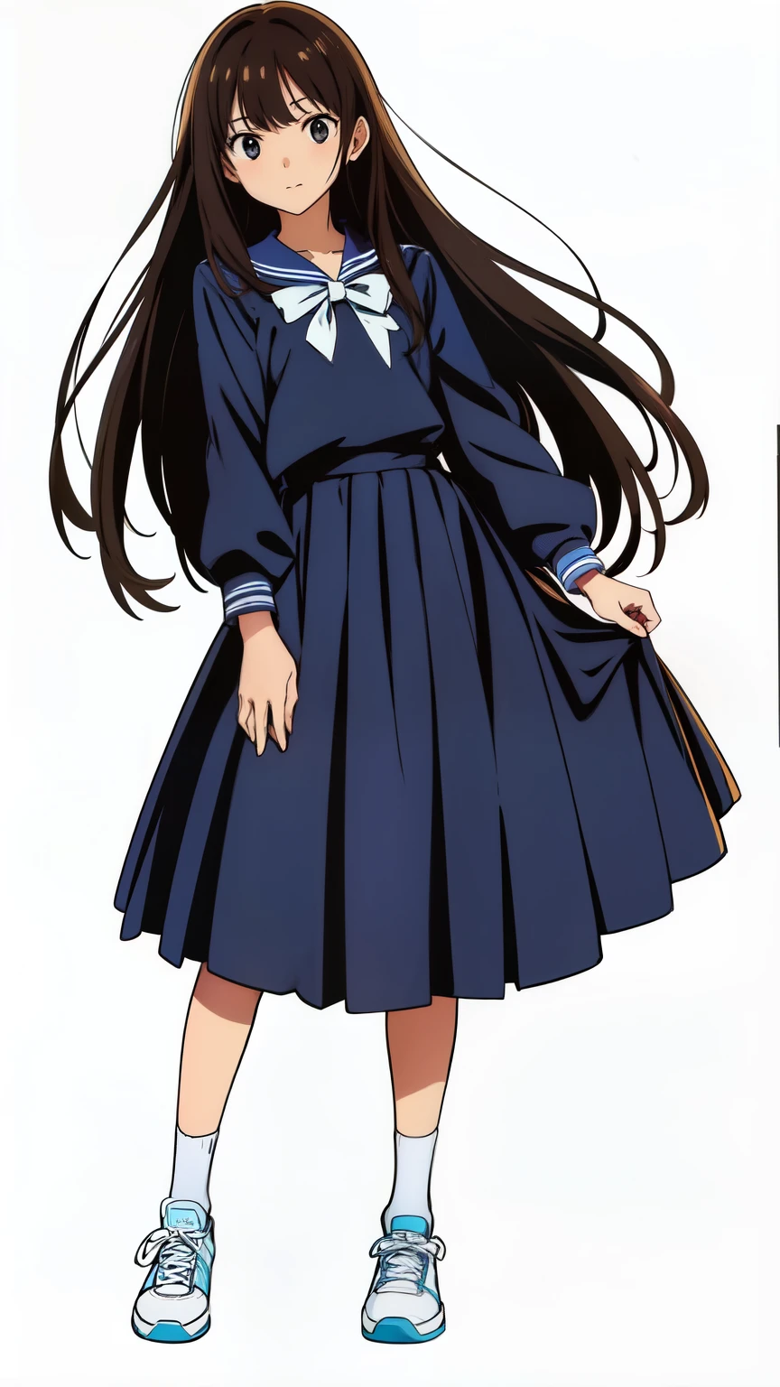 (white background:1.0), (anime:1.0), (official art:1.0), (best quality:1.0), (masterpiece:1.0), (full body:1.0), (solo:1.0), (a cute girl:1.0), (long skirt:1.25), (dark blue skirt:1.0), (pleated skirt:1.0), (long sleeve dark blue sailor uniform:1.0), (sneakers:1.0), (white socks:1.0), (ideal ratio body proportions:1.25), (lanky:1.25), (tall:1.25), (slender:1.25), (small breasts:1.25), (smaller face:1.25), (tareme:1.0), (detailed beautiful eyes:1.0), (detailed beautiful face:1.0), (glowing black eyes:1.0), (long hair:1.0), (black hair:1.0)