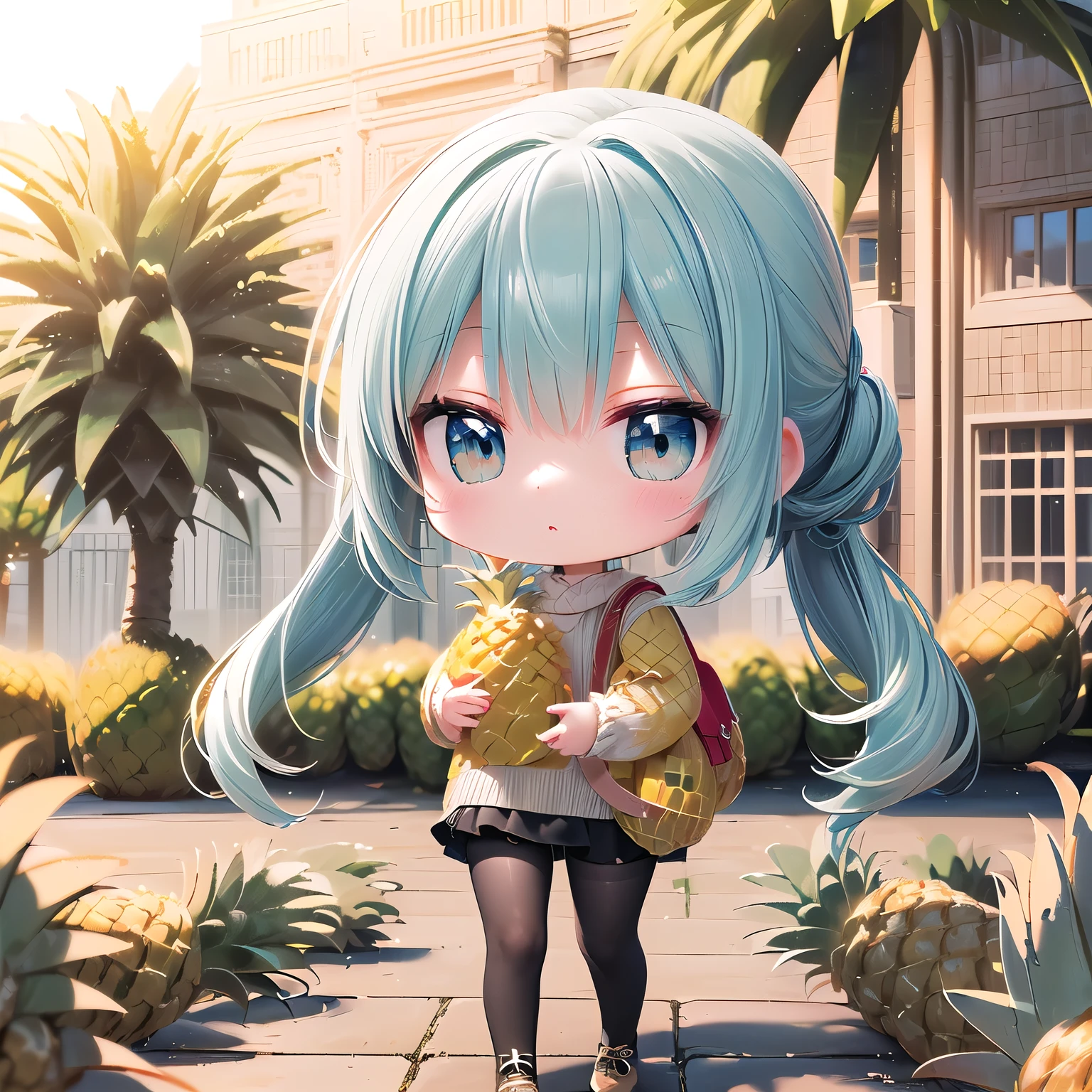 ((Chibi, pineapple,3DCG,down skirt,bag,black tights,knit, 1 girl: 1.5)), (masterpiece, almond-shaped eyes, glossy white-blue hair, short chignon hair, Top quality, carefully drawn fingertips, beautiful anatomy: 1.4), (minimum body,full body,upward glance: 1.3), (red cheeks, indifferent, expressionless, hair blowing in the wind: 1.2), (sunshine,walking at home,Go outdoor, pineapple graduate school,flower load,along a tree line, building, sit,wizard,clock :1.5)