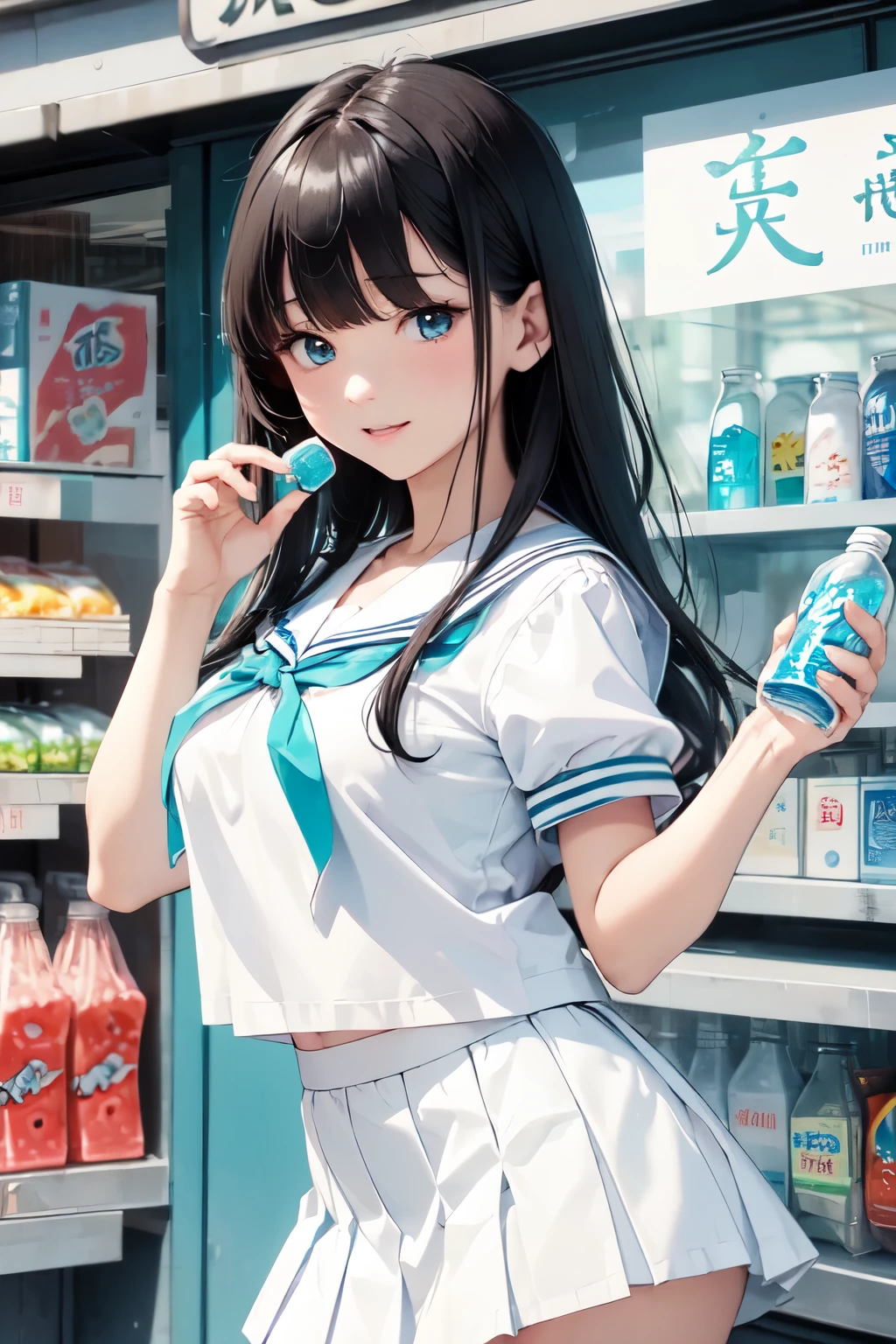 (8Kで, ベストクォリティ, マステピース:1.2)、超高解像度,1 Very cute and beautiful girl,super detailed face,detailed eyes, cute, black hair, long straight hair, blunt bangs, No expression, open mouth, rhinitis, sensual smile, big breasts, breaking, wearing white serafuku, (white:1.5), (abdomen), sailor suit, (big sailor collar), (aqua sailor collar),aqua ribbon tie , (whitetops: 1.5),(Hem out),aqua cuffs with three white tripes, (white pleated skirt), Plain, (Short skirt: 1.5), Destroyed,(holding a ramune drink from a glass bottle:1.1),((ベンチに座っている)),詳細な手指,(candy store),summer
