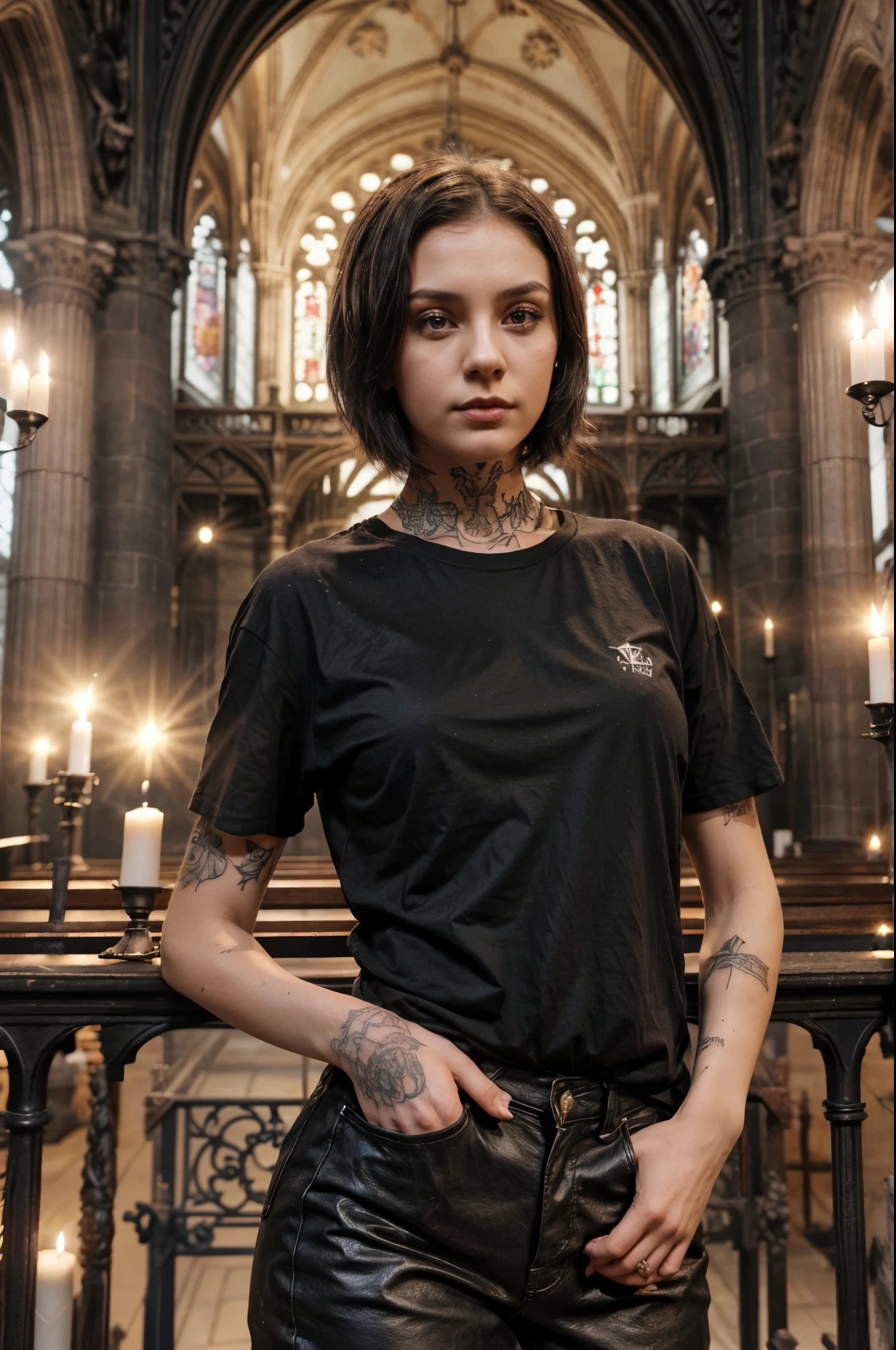 young girl with 22 years old, (black T-shirt normal) short hair to where the neck begins with tattoos on her arms, sexy poses interior background of a Gothic cathedral with obsidian walls and with candles, dark atmosphere, fitnes, so many details
