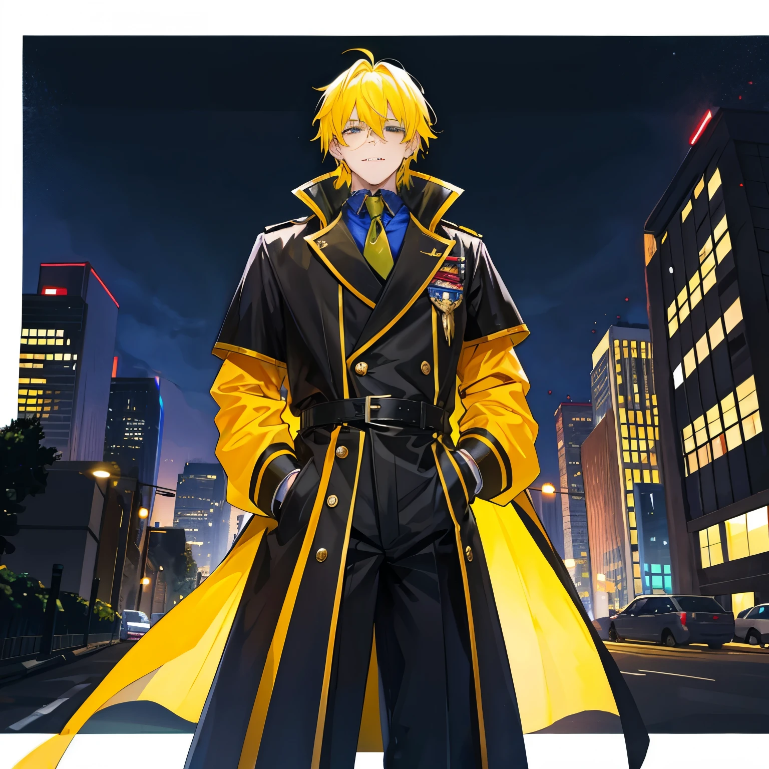 A man,Handsome,Yellow Hair, nightcity,Sateen,Wizard Millitary coat large,Put your hands in your pockets