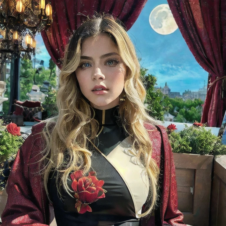 masterpiece, highest quality, (solo focus), (perfect face:1.1), (high detail:1.1), (hyper detailed eyes), dramatic, 1guy, (Pale skin), long blonde hair, (red irises), individual focus, Vampire, long hair, moon, night, Red luxury suit, pouty lips, castle, detailed background, art by artgerm, cinematic lighting, red roses, fashion