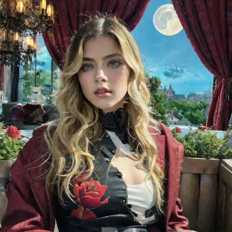 masterpiece, highest quality, (solo focus), (perfect face:1.1), (high detail:1.1), (hyper detailed eyes), dramatic, 1guy, (Pale skin), long blonde hair, (red irises), individual focus, Vampire, long hair, moon, night, Red luxury suit, pouty lips, castle, detailed background, art by artgerm, cinematic lighting, red roses, fashion
