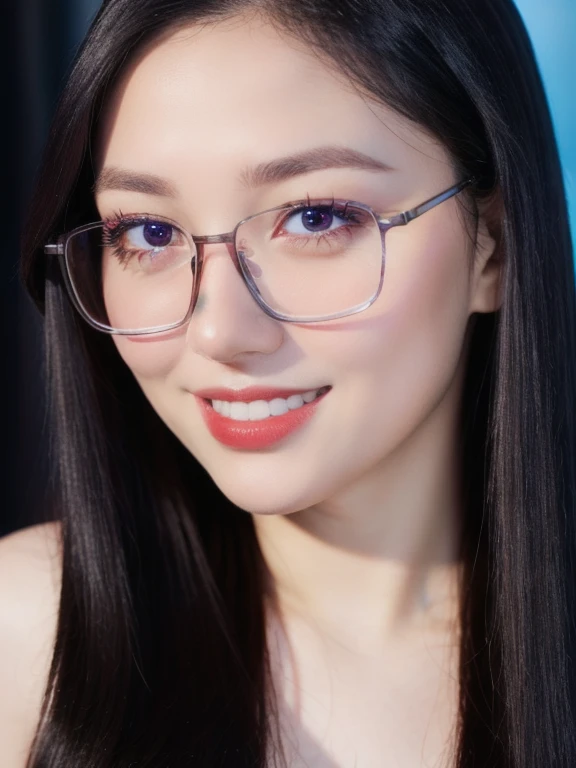(realistic、masterpiece、Best Quality、8K、highres、high resolution:1.3)、1 girl、clear cute face、glasses、looking at viewers、super fine face and eyes、long hair、 upper body、