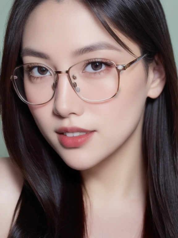 (realistic、masterpiece、Best Quality、8K、highres、high resolution:1.3)、1 girl、clear cute face、glasses、looking at viewers、super fine face and eyes、long hair、 upper body、