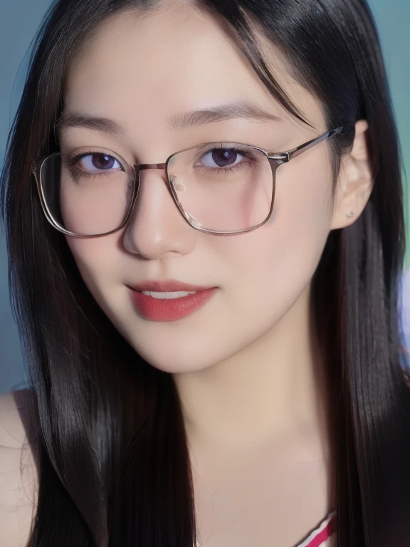 (realistic、masterpiece、Best Quality、8K、highres、high resolution:1.3)、1 girl、clear cute face、glasses、looking at viewers、super fine face and eyes、long hair、 upper body、