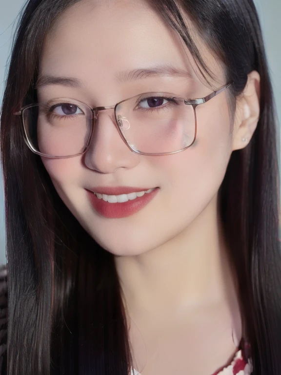 (realistic、masterpiece、Best Quality、8K、highres、high resolution:1.3)、1 girl、clear cute face、glasses、looking at viewers、super fine face and eyes、long hair、 upper body、