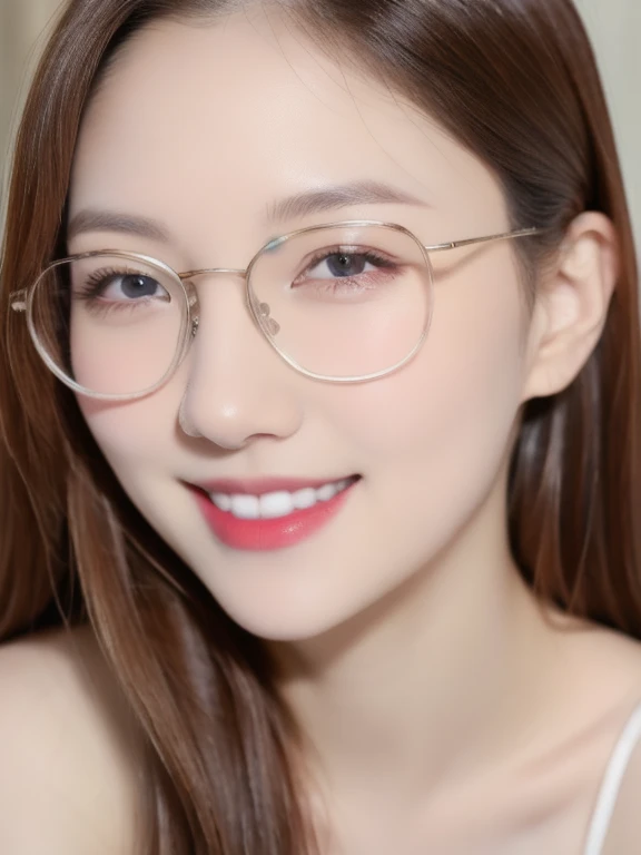 (realistic、masterpiece、Best Quality、8K、highres、high resolution:1.3)、1 girl、clear cute face、glasses、smile、looking at viewers、super fine face and eyes、long hair、 upper body、