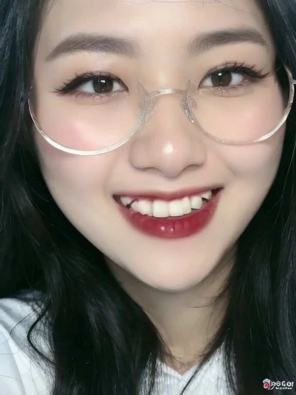 (realistic、masterpiece、Best Quality、8K、highres、high resolution:1.3)、1 girl、clear cute face、glasses、smile、looking at viewers、super fine face and eyes、long hair、 upper body、
