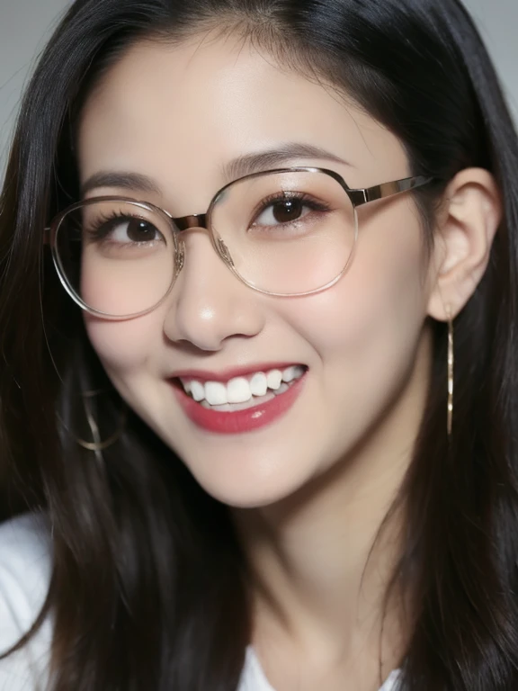 (realistic、masterpiece、Best Quality、8K、highres、high resolution:1.3)、1 girl、clear cute face、glasses、smile、looking at viewers、super fine face and eyes、long hair、 upper body、