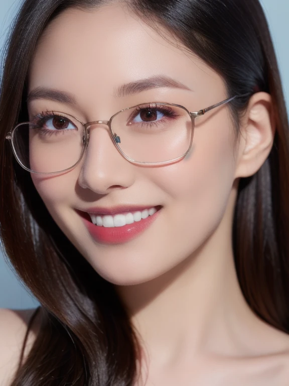 (realistic、masterpiece、Best Quality、8K、highres、high resolution:1.3)、1 girl、clear cute face、glasses、smile、looking at viewers、super fine face and eyes、long hair、 upper body、