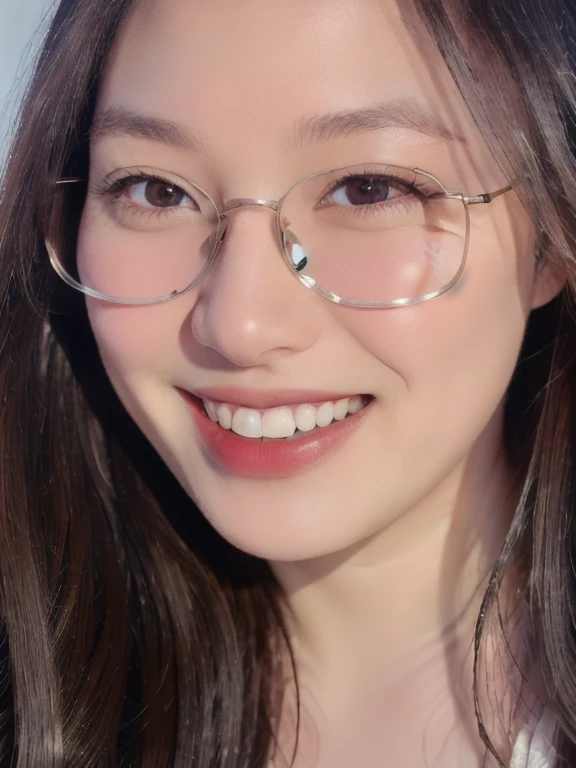 (realistic、masterpiece、Best Quality、8K、highres、high resolution:1.3)、1 girl、clear cute face、glasses、smile、looking at viewers、super fine face and eyes、long hair、 upper body、