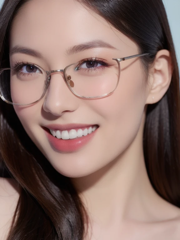 (realistic、masterpiece、Best Quality、8K、highres、high resolution:1.3)、1 girl、clear cute face、glasses、smile、looking at viewers、super fine face and eyes、long hair、 upper body、