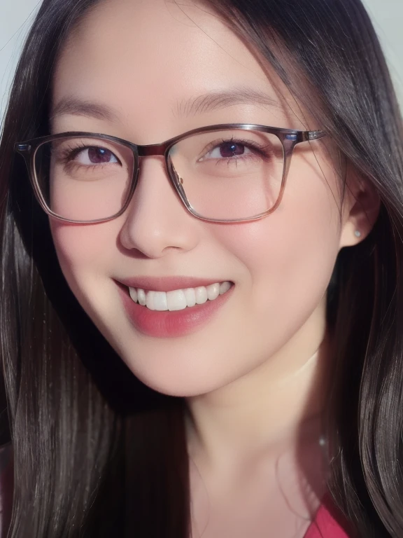(realistic、masterpiece、Best Quality、8K、highres、high resolution:1.3)、1 girl、clear cute face、glasses、smile、white skin、looking at viewers、super fine face and eyes、long hair、 upper body、
