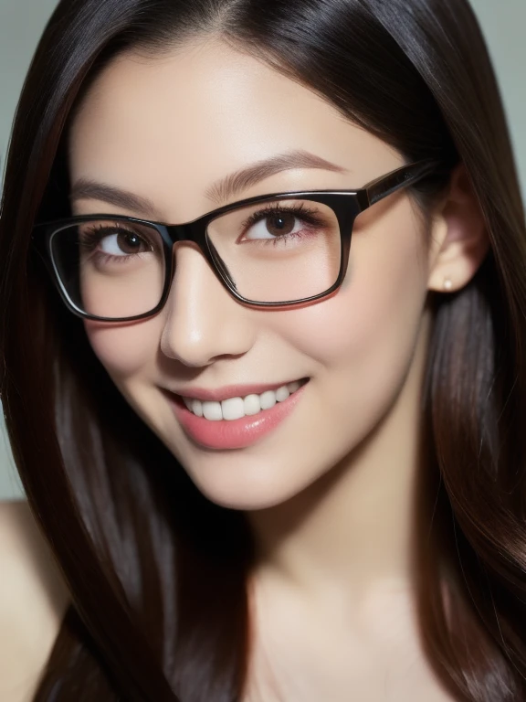 (realistic、masterpiece、Best Quality、8K、highres、high resolution:1.3)、1 girl、clear cute face、glasses、smile、white skin、looking at viewers、super fine face and eyes、long hair、 upper body、