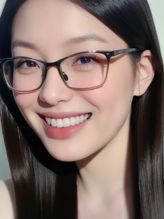 (realistic、masterpiece、Best Quality、8K、highres、high resolution:1.3)、1 girl、clear cute face、glasses、smile、white skin、looking at viewers、super fine face and eyes、long hair、 upper body、