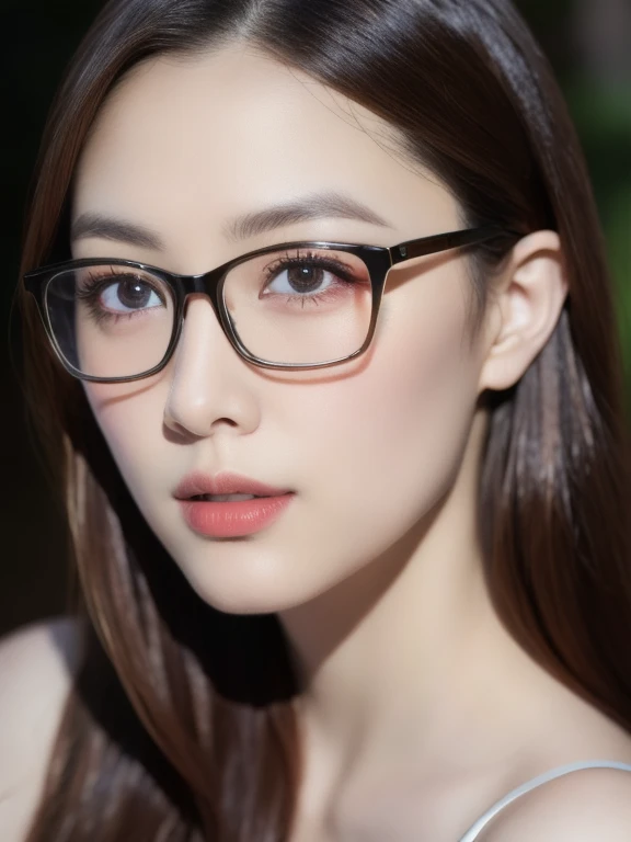 (realistic、masterpiece、Best Quality、8K、highres、high resolution:1.3)、1 girl、clear cute face、thin round glasses、white skin、looking at viewers、super fine face and eyes、long hair、 upper body、