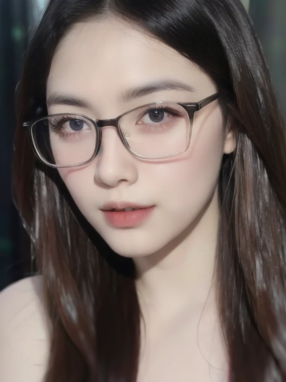 (realistic、masterpiece、Best Quality、8K、highres、high resolution:1.3)、1 girl、clear cute face、thin round glasses、white skin、looking at viewers、super fine face and eyes、long hair、 upper body、