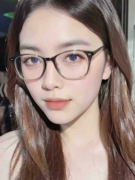 (realistic、masterpiece、Best Quality、8K、highres、high resolution:1.3)、1 girl、clear cute face、thin round glasses、white skin、looking at viewers、super fine face and eyes、long hair、 upper body、