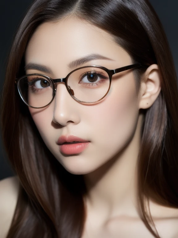 (realistic、masterpiece、Best Quality、8K、highres、high resolution:1.3)、1 girl、clear cute face、thin round glasses、white skin、looking at viewers、super fine face and eyes、long hair、 upper body、