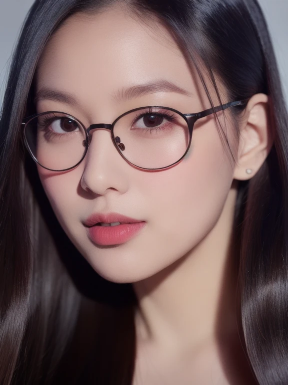 (realistic、masterpiece、Best Quality、8K、highres、high resolution:1.3)、1 girl、clear cute face、thin round glasses、white skin、looking at viewers、super fine face and eyes、long hair、 upper body、