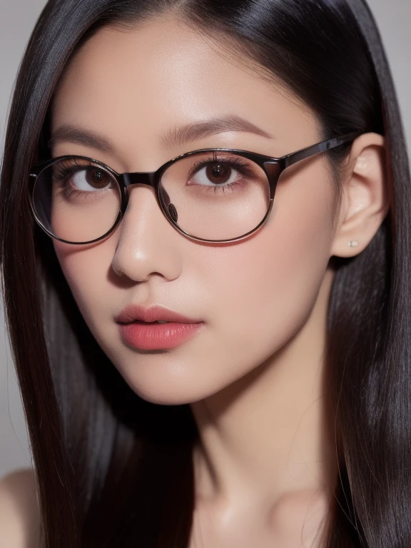 (realistic、masterpiece、Best Quality、8K、highres、high resolution:1.3)、1 girl、clear cute face、thin round glasses、white skin、looking at viewers、super fine face and eyes、long hair、 upper body、