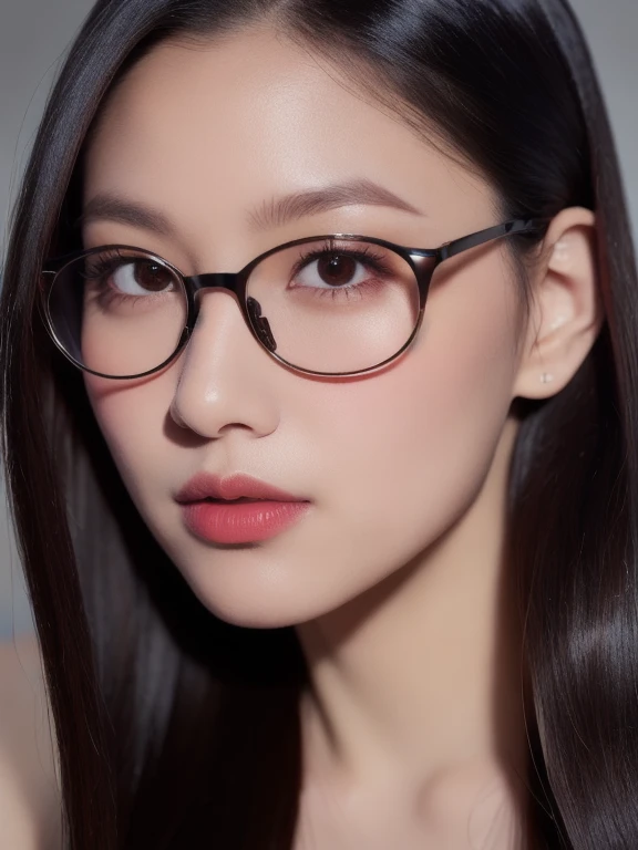 (realistic、masterpiece、Best Quality、8K、highres、high resolution:1.3)、1 girl、clear cute face、thin round glasses、white skin、looking at viewers、super fine face and eyes、long hair、 upper body、