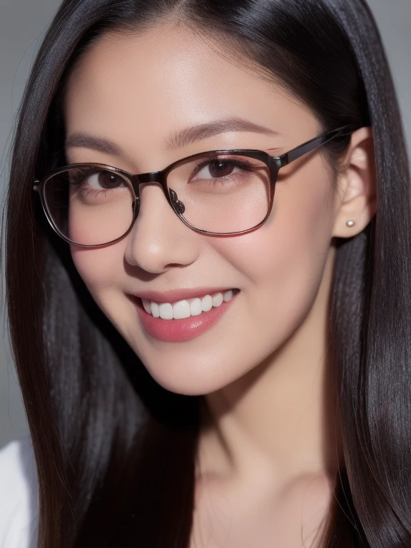 (realistic、masterpiece、Best Quality、8K、highres、high resolution:1.3)、1 girl、clear cute face、glasses、smile、white skin、looking at viewers、super fine face and eyes、long hair、 upper body、