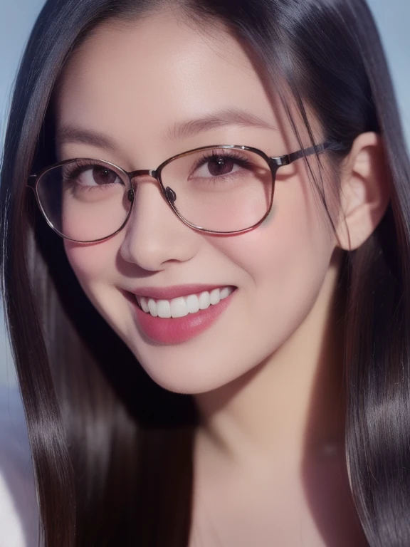 (realistic、masterpiece、Best Quality、8K、highres、high resolution:1.3)、1 girl、clear cute face、glasses、smile、white skin、looking at viewers、super fine face and eyes、long hair、 upper body、
