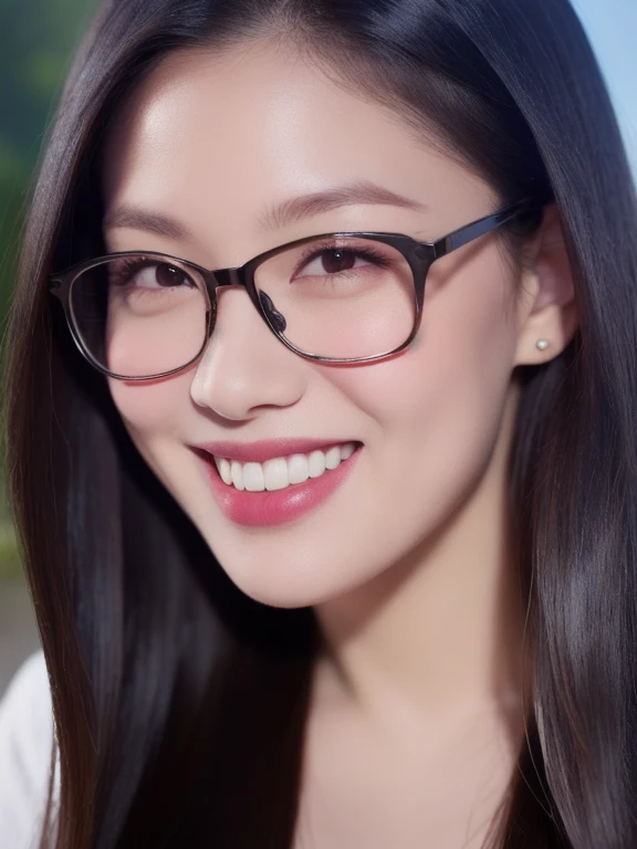(realistic、masterpiece、Best Quality、8K、highres、high resolution:1.3)、1 girl、clear cute face、glasses、smile、white skin、looking at viewers、super fine face and eyes、long hair、 upper body、