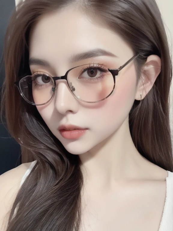 (realistic、masterpiece、Best Quality、8K、highres、high resolution:1.3)、1 girl、clear cute face、glasses、huge breast、white skin、looking at viewers、super fine face and eyes、long hair、 upper body、