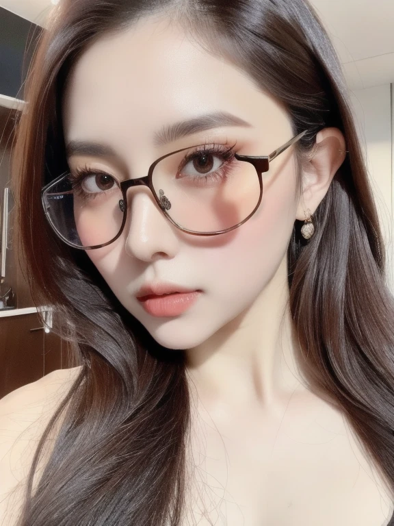 (realistic、masterpiece、Best Quality、8K、highres、high resolution:1.3)、1 girl、clear cute face、glasses、huge breast、white skin、looking at viewers、super fine face and eyes、long hair、 upper body、