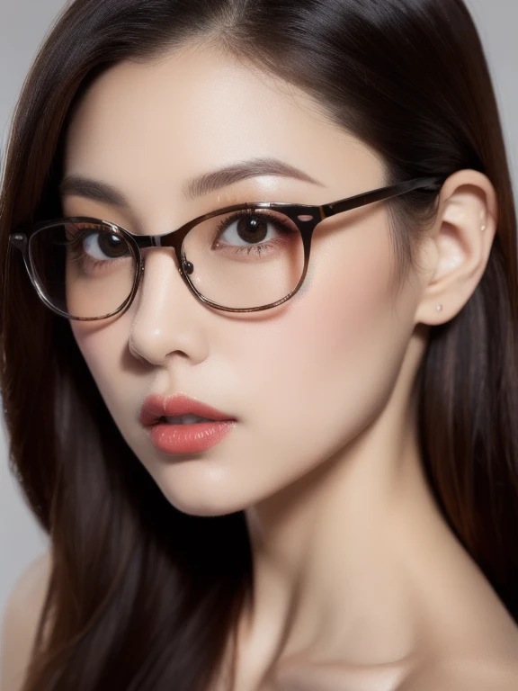 (realistic、masterpiece、Best Quality、8K、highres、high resolution:1.3)、1 girl、clear cute face、glasses、huge breast、white skin、looking at viewers、super fine face and eyes、long hair、 upper body、